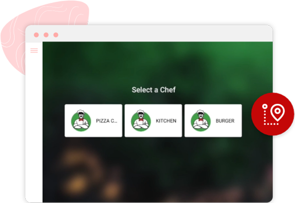 Chef Screen showing orders for three different kitchen sections Burgers, Pizza and kitchen with features such as staff analytics.