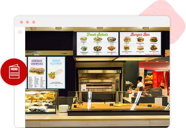 A beautiful display of food images showcasing an extensive menu on multiple customer screens, which also display promotions.