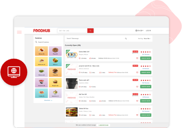 The online Foodhub ordering portal showing a huge variety of delicious meals from Restaurants and Takeaways to choose from.