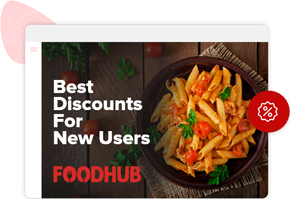 A beautiful image of freshly cooked pasta in tomato and basil sauce advertising Foodhub’s special discount at its own cost.
