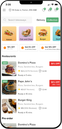 The interface of the Foodhub App showing three easy ordering steps, Locate, Select and Pay.