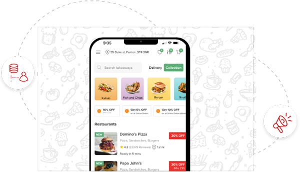 Foodhub ordering App on a mobile phone using four easy steps, locate, select, pay and relish.