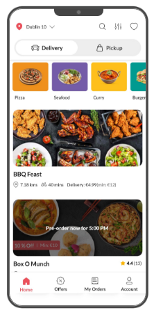 The interface of the Foodhub App showing three easy ordering steps, Locate, Select and Pay.