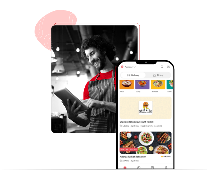 A happy restaurant and takeaway owner using the user-friendly features, services and promotions by listing on Foodhub for free.