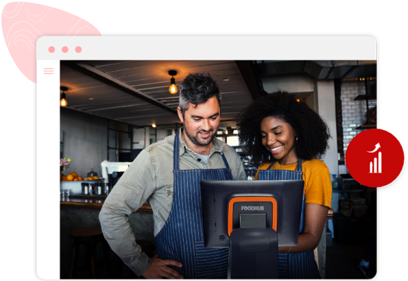 A restaurant/takeaway owner analysing sales reports and tax summaries from the screen of her Foodhub POS.